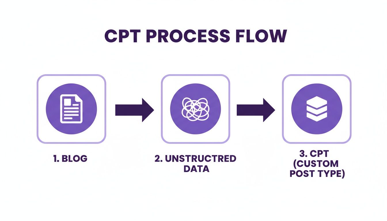 Diagram illustrating the Custom Post Type process: blog content, unstructured data, and CPT.