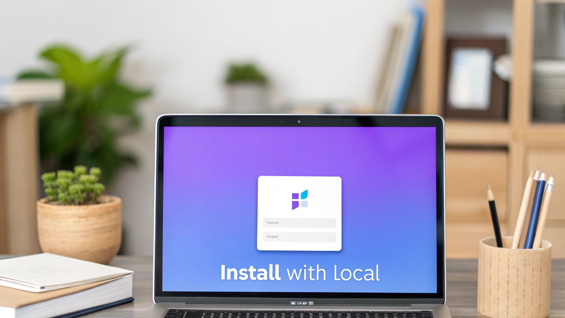 A laptop displays a screen with 'Install with Local' text and a login form for software setup.