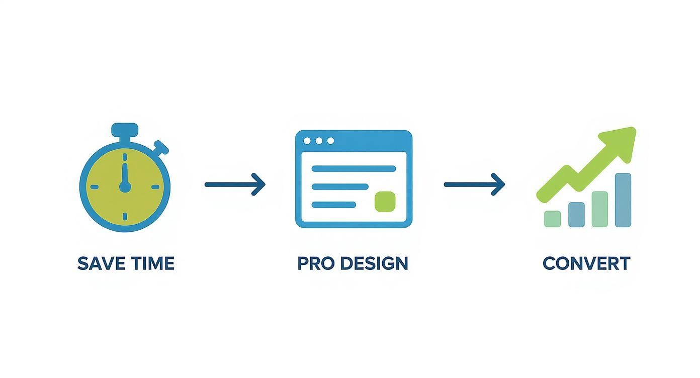 Graphic showing a process from saving time to professional design, leading to increased conversions.
