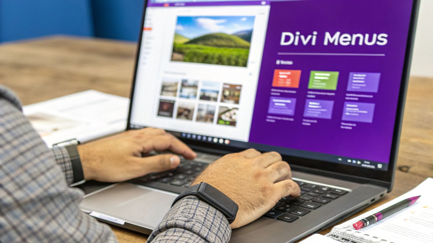 A person typing on a laptop, viewing a website about 'Divi Menus' with various design options.