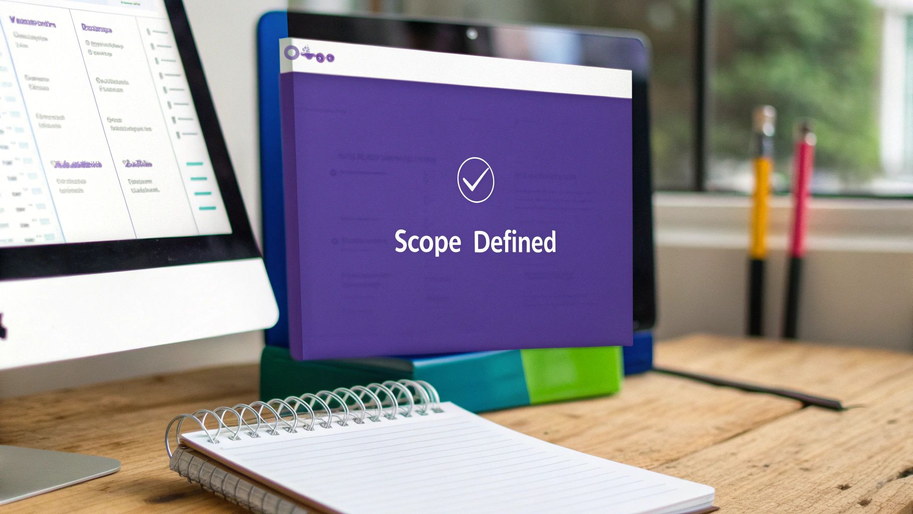 A workspace with two computer screens, one displaying 'Scope Defined' with a checkmark, and a spiral notebook.