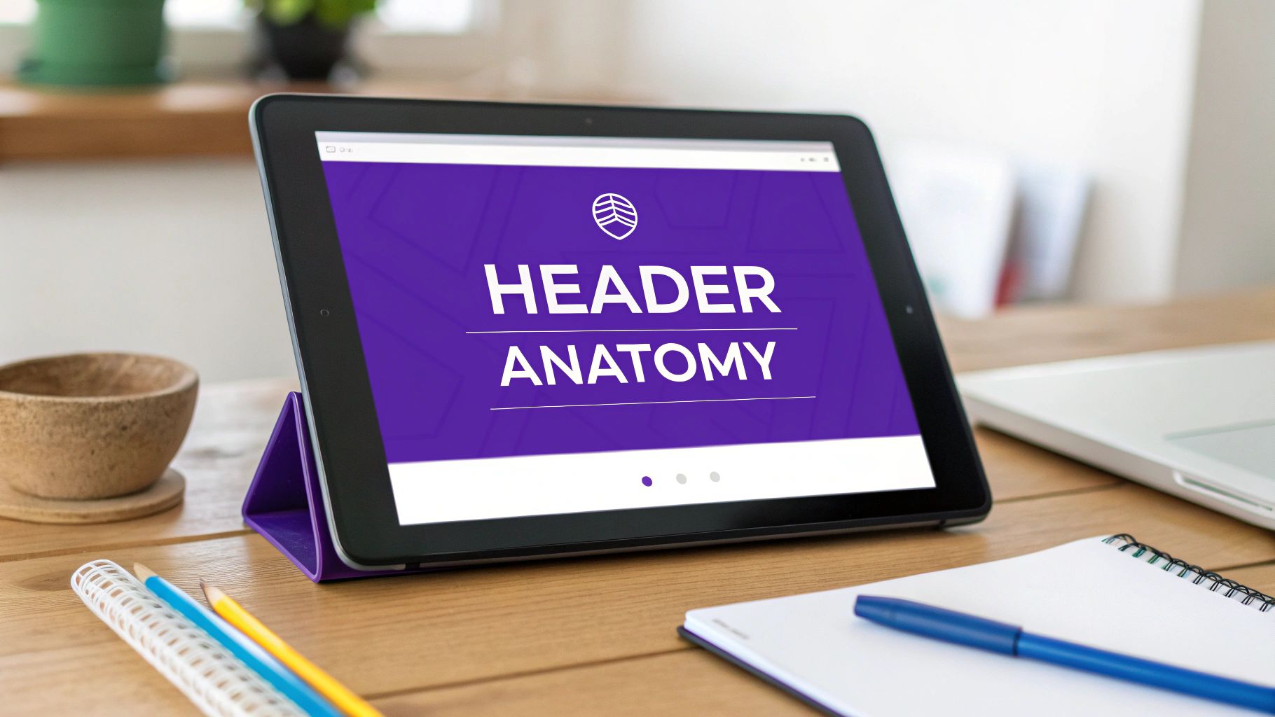 A tablet on a wooden desk displays 'HEADER ANATOMY' with a logo, surrounded by pencils and a notebook.