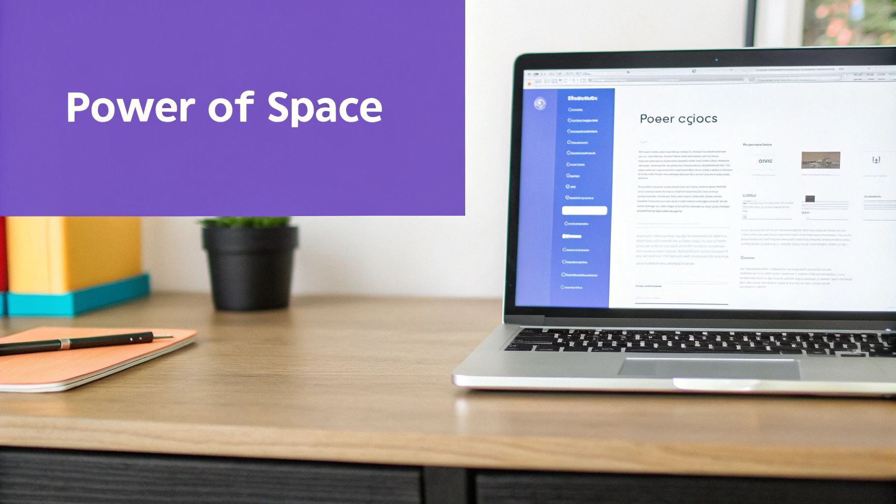 Laptop displaying a website on a wooden desk with a notebook, plant, and 'Power of Space' banner.