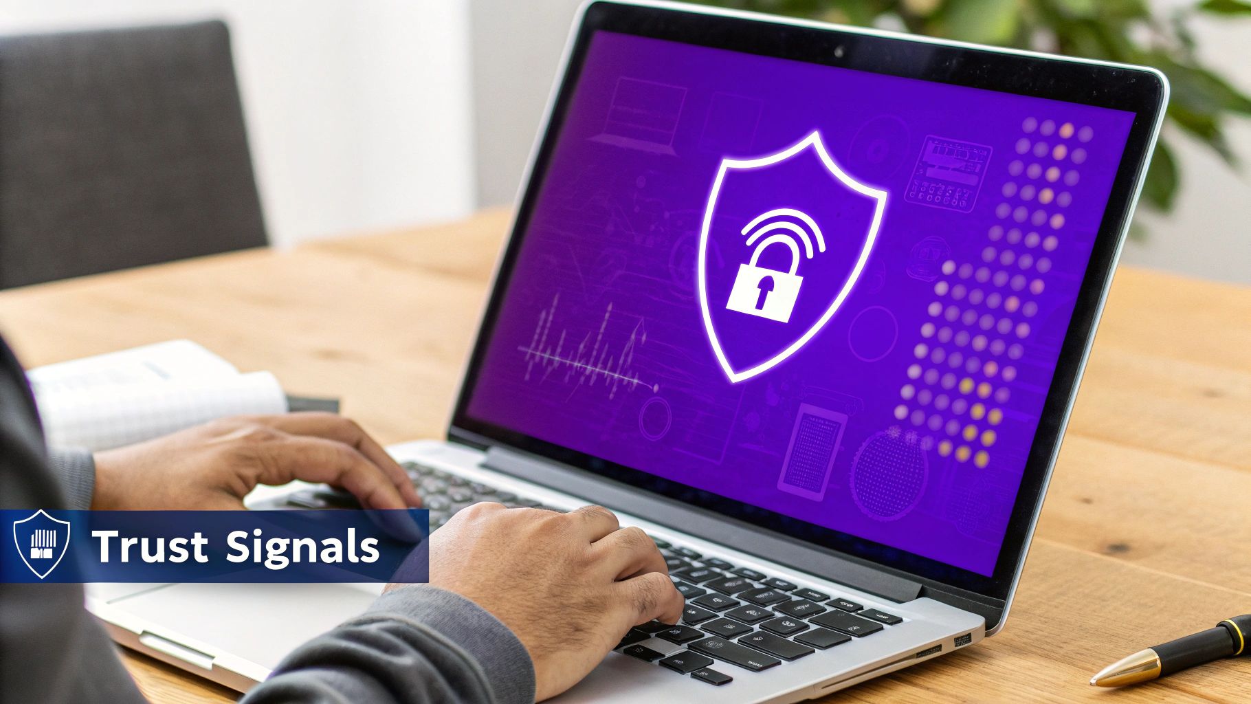 A secure lock icon overlaid on a website checkout page, with customer review stars visible.