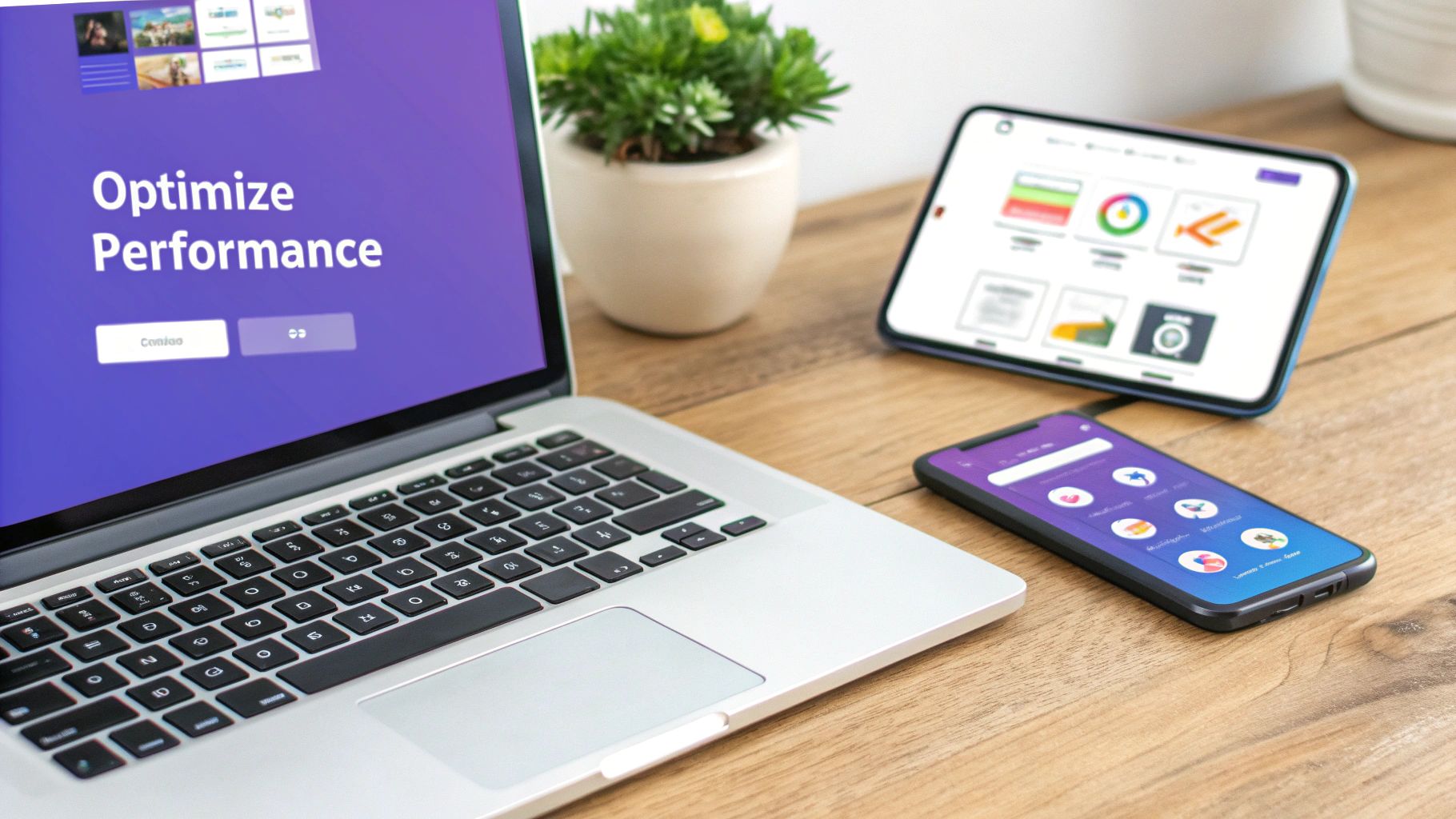 A laptop, tablet, and smartphone displaying optimization interfaces on a wooden desk.