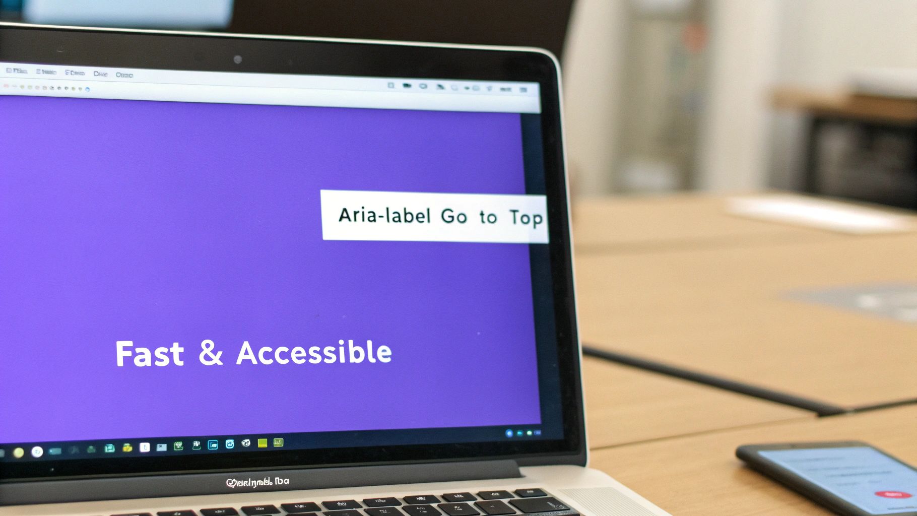 A laptop screen displays 'Aria-label Go to Top' and 'Fast & Accessible' on a purple background, highlighting web accessibility.
