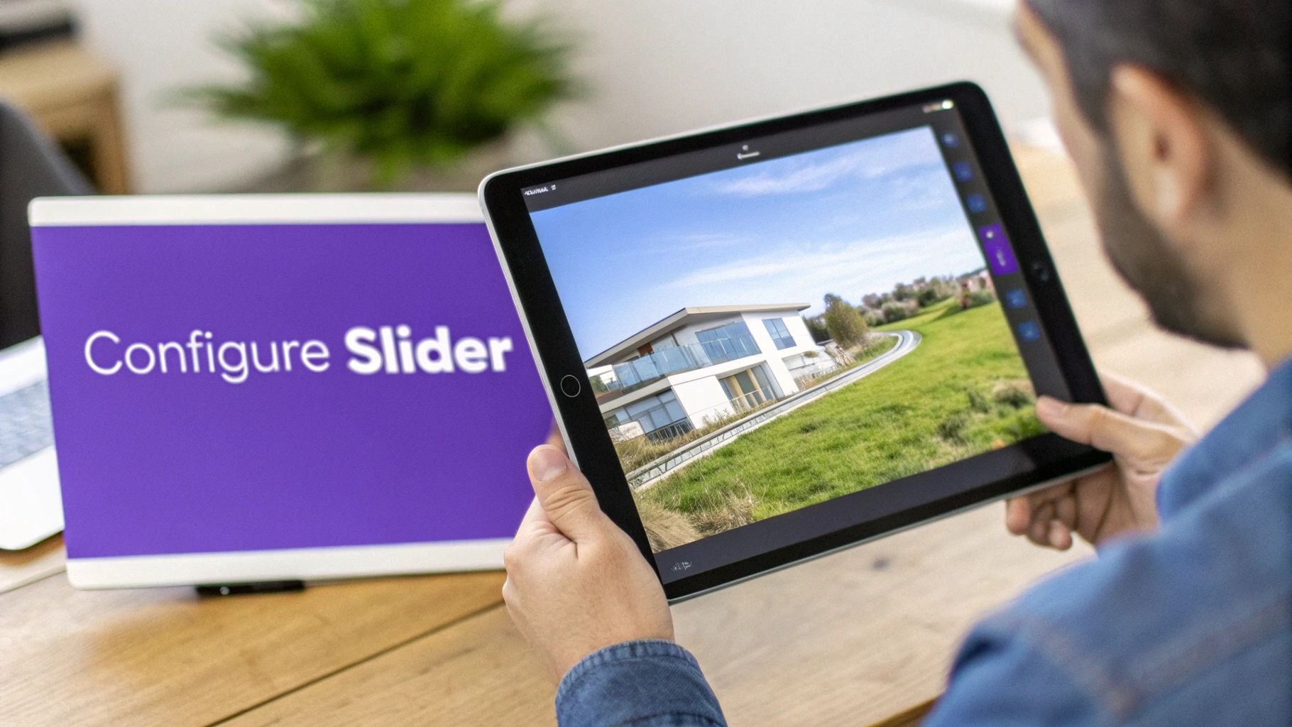 A person holds a tablet displaying a modern house in a green landscape. Another screen shows "Configure Slider."