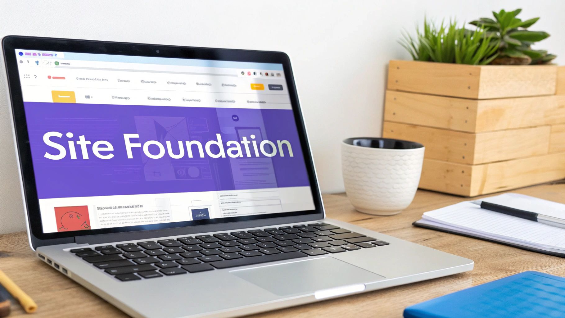 A minimalist desk setup with a laptop displaying the WordPress dashboard, a notebook, and a plant.