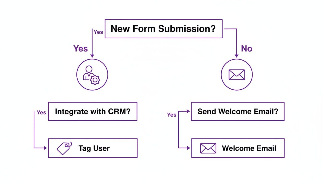 Workflow diagram illustrating steps for new form submissions, CRM integration, and welcome emails.