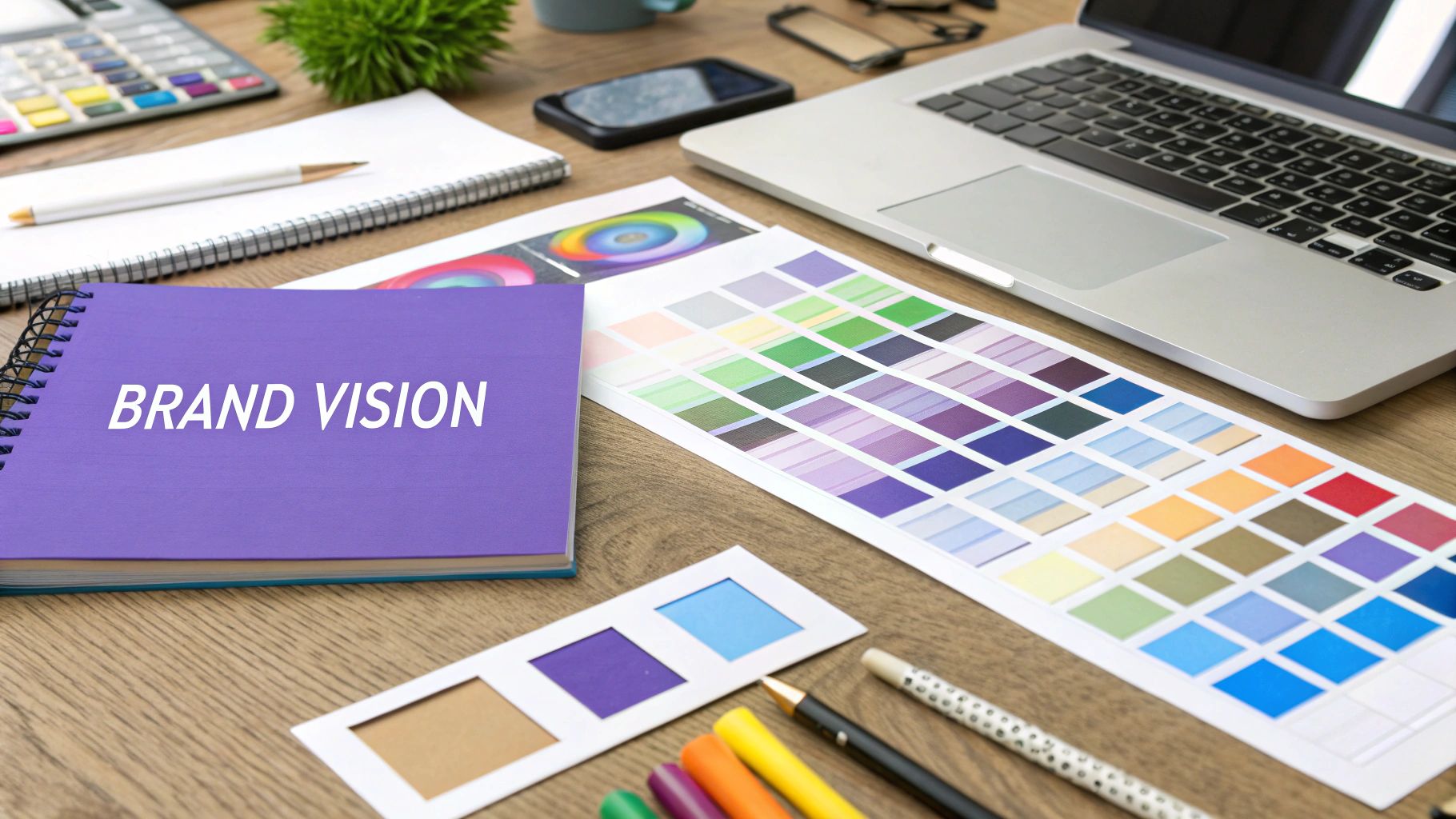 A graphic illustrating the core components of visual design and brand integration, including typography, color palette, imagery, and layout, all converging to create a unified brand experience.