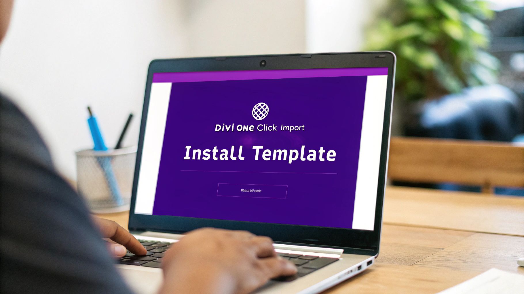 A person uses a laptop to install a Divi theme template with a one-click import feature.