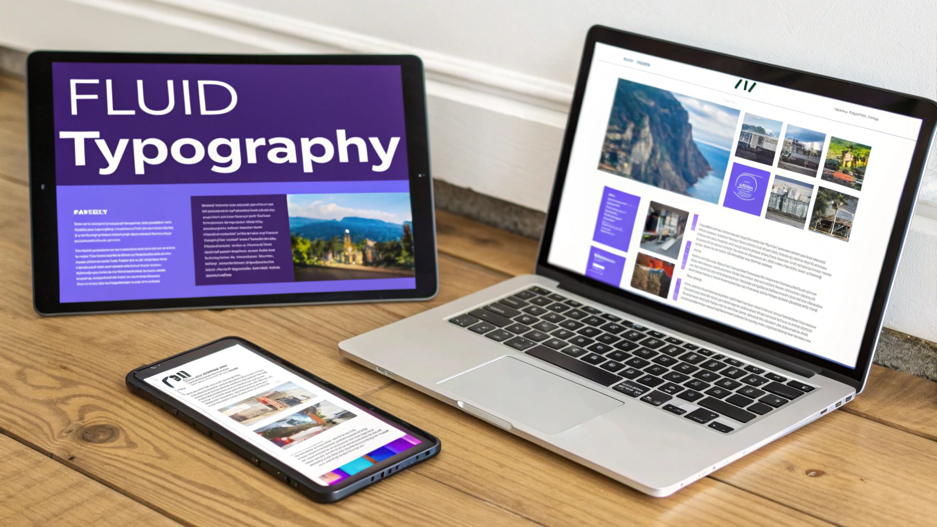 Three devices (laptop, tablet, and smartphone) displaying responsive website designs, emphasizing fluid typography.