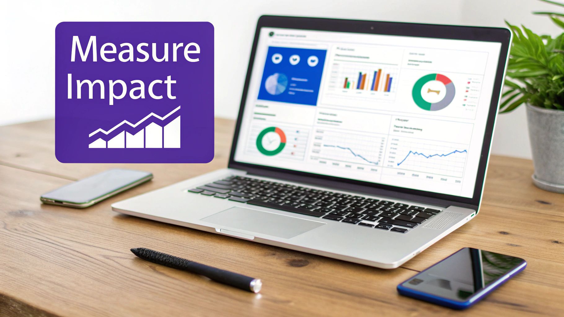 Laptop with data charts, a "Measure Impact" graphic, and phones on a wooden office desk.