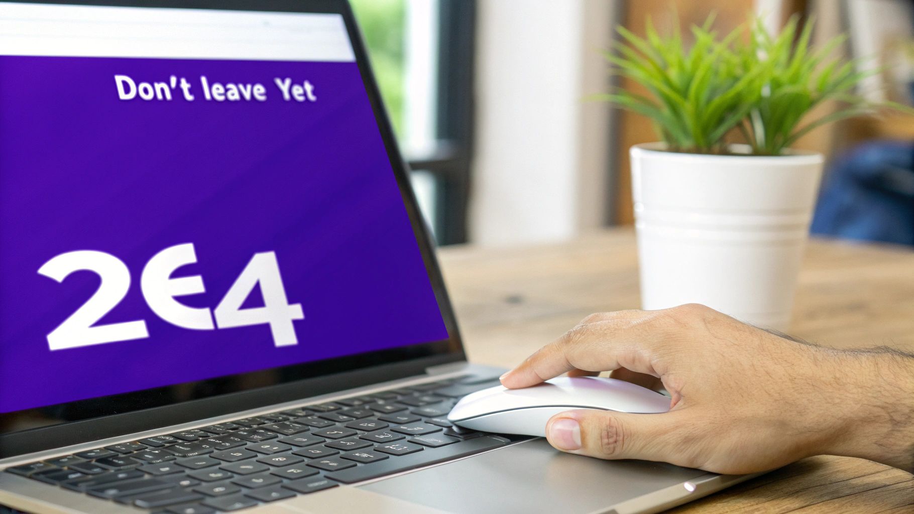 A person's hand uses a white mouse next to a laptop displaying a 'Don't leave Yet' message and '2€4' on a purple screen.
