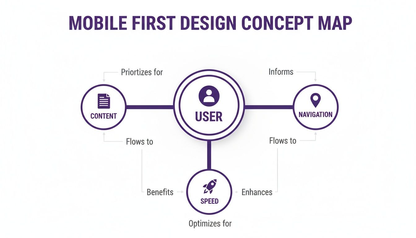 Mobile first design concept map detailing relationships between user, content, navigation, and speed.