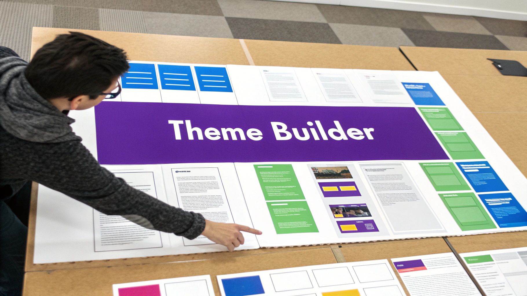 Person pointing at Theme Builder layout displayed on large poster with colorful design elements