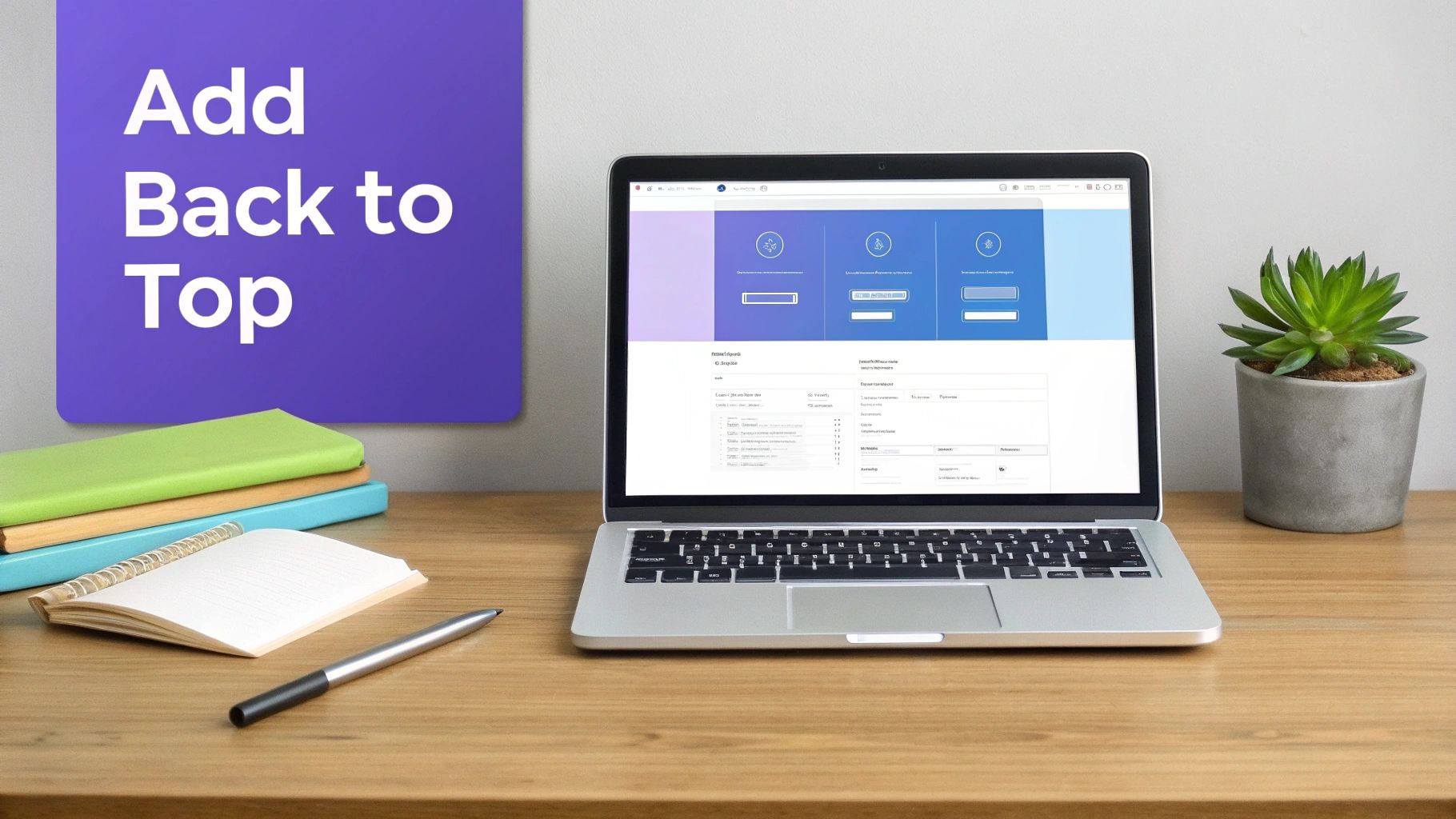 A laptop on a wooden desk displays a website, with a purple sign reading 'Add Back to Top'.