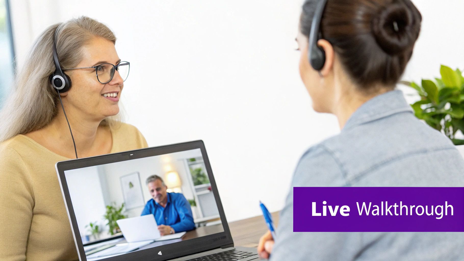Two women in headsets on a video call, one smiling at her laptop for a live walkthrough.