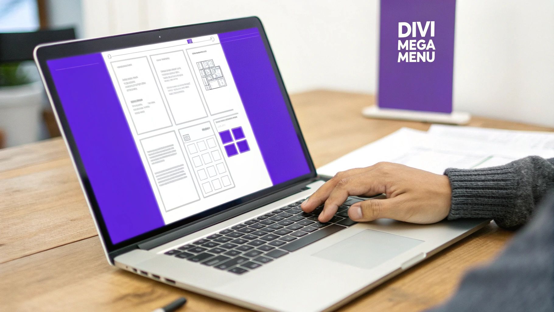 A person works on a laptop displaying a website design, next to a 'Divi Mega Menu' sign.