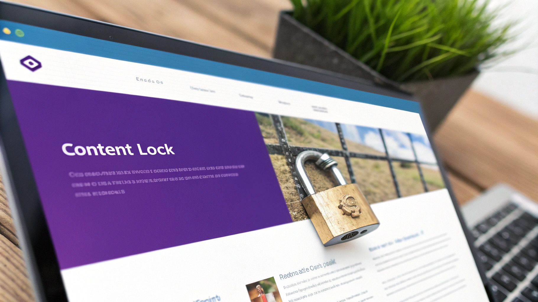 A web developer using a page builder interface with lock icons on various content sections.