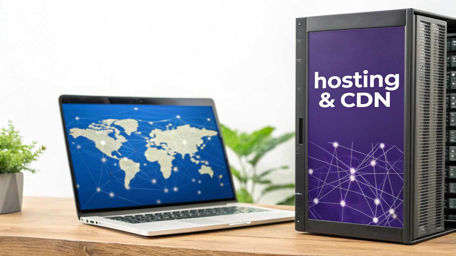 A laptop displaying a world map with network connections next to a server rack advertising "hosting & CDN".
