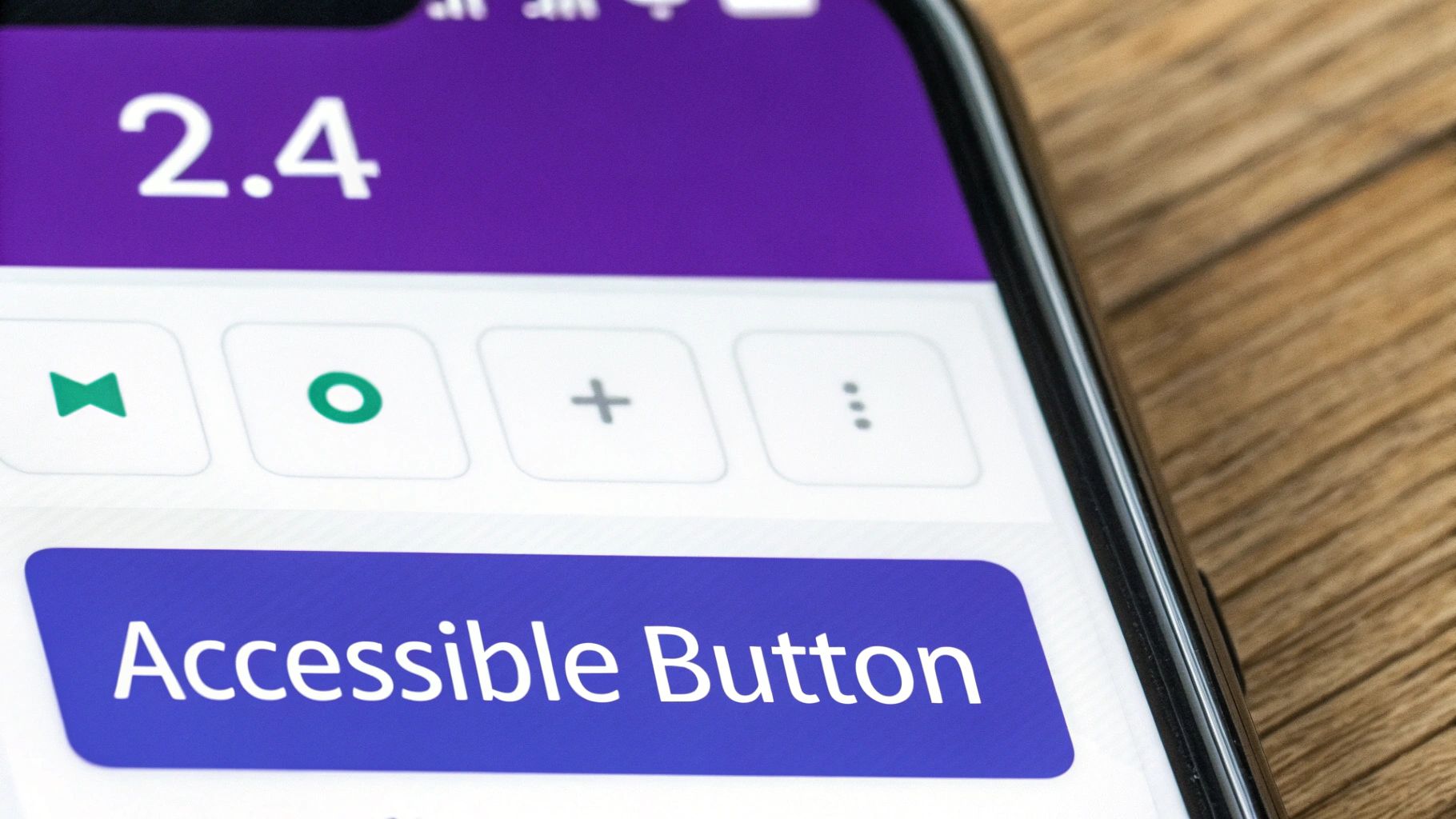 A close-up of a smartphone screen displaying a purple button labeled 'Accessible Button' below a row of icons.