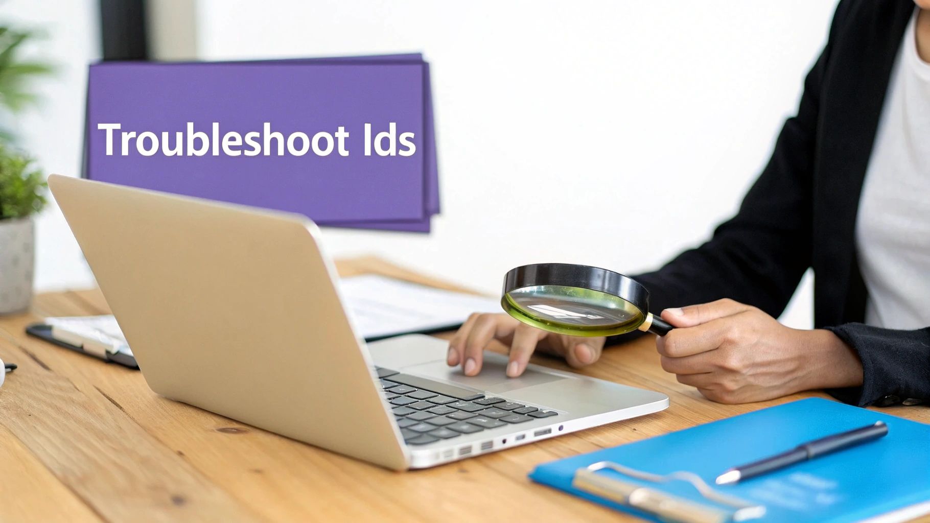 Person using a laptop and a magnifying glass to troubleshoot IDs, as seen on a purple sign.