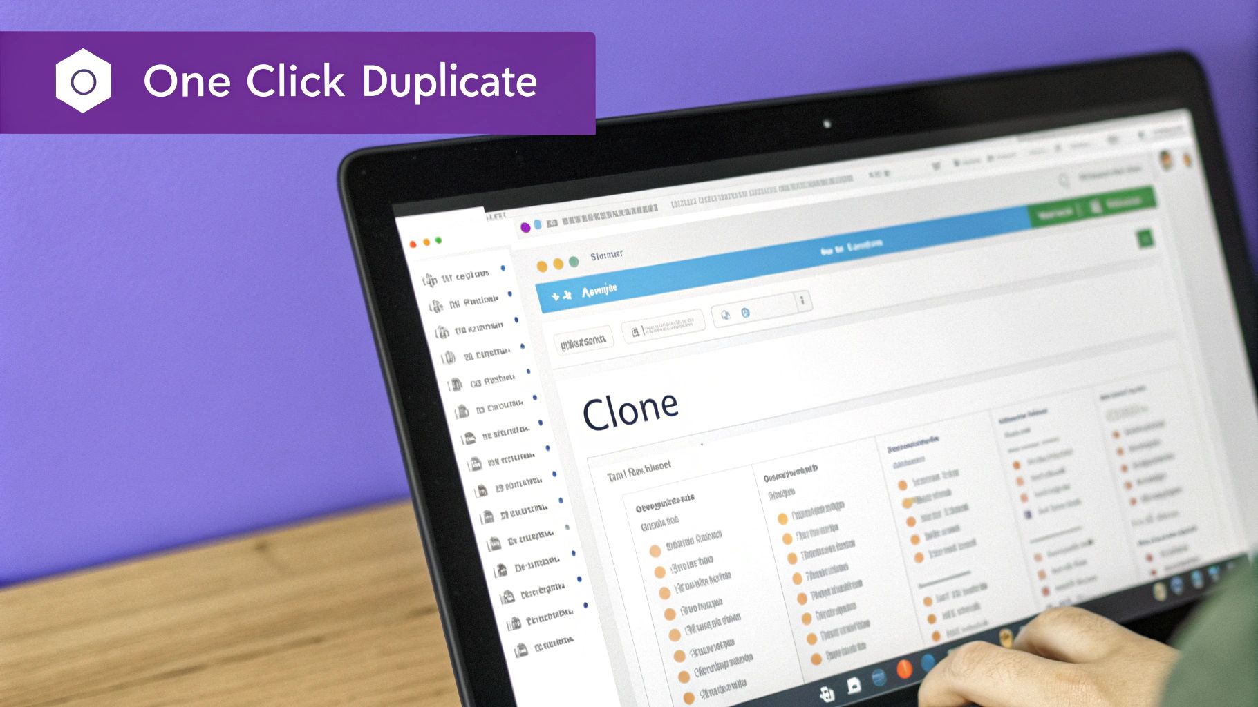 A user's cursor hovering over a 'Duplicate' button next to a page title in the WordPress dashboard.