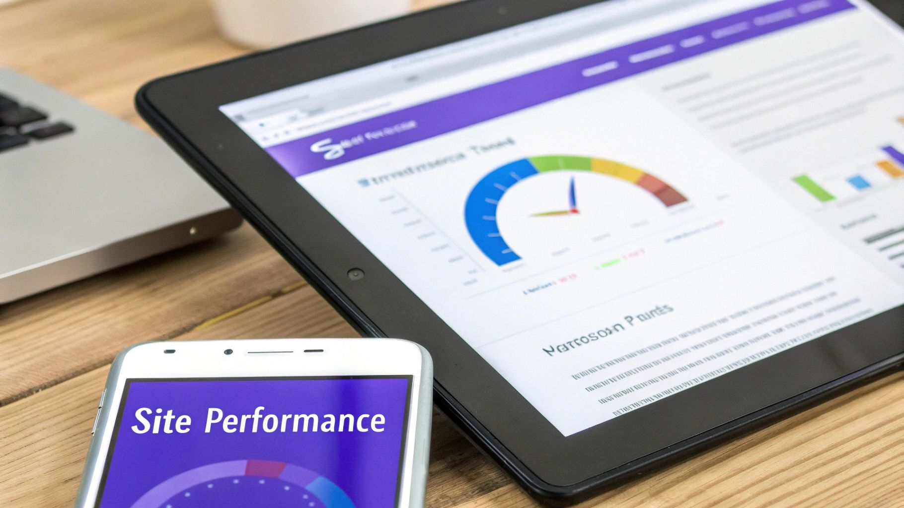 Close-up of a smartphone and tablet displaying website performance dashboards with charts.