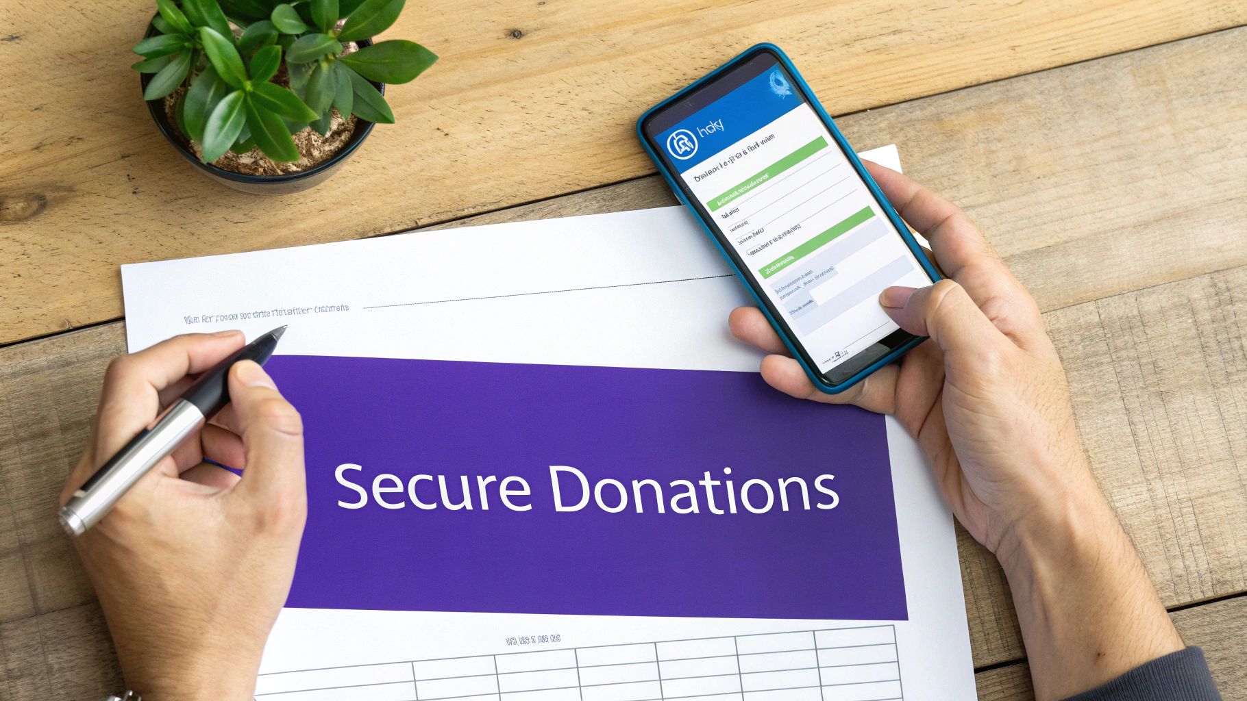 A person at a desk connecting icons for donations, volunteers, and email on a website layout, symbolizing functional integration.