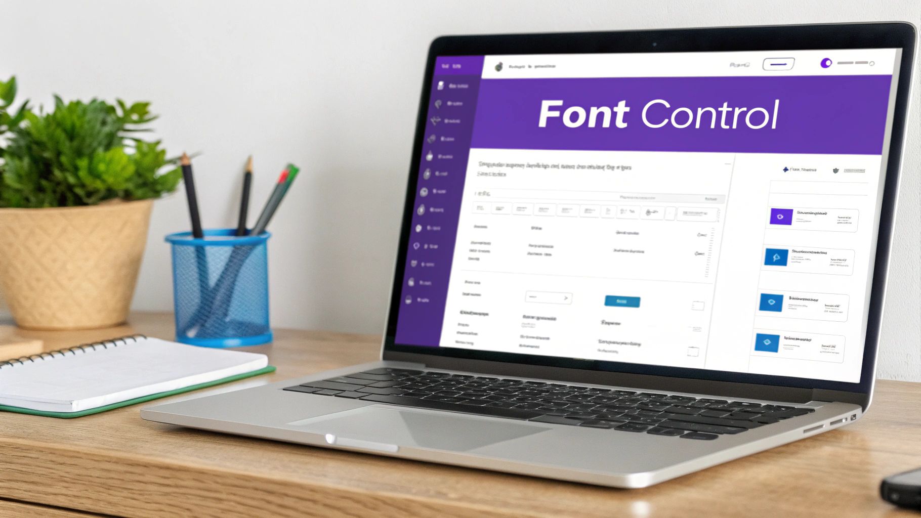 A laptop on a wooden desk displays a 'Font Control' application, next to a plant, pencils, and a notebook.