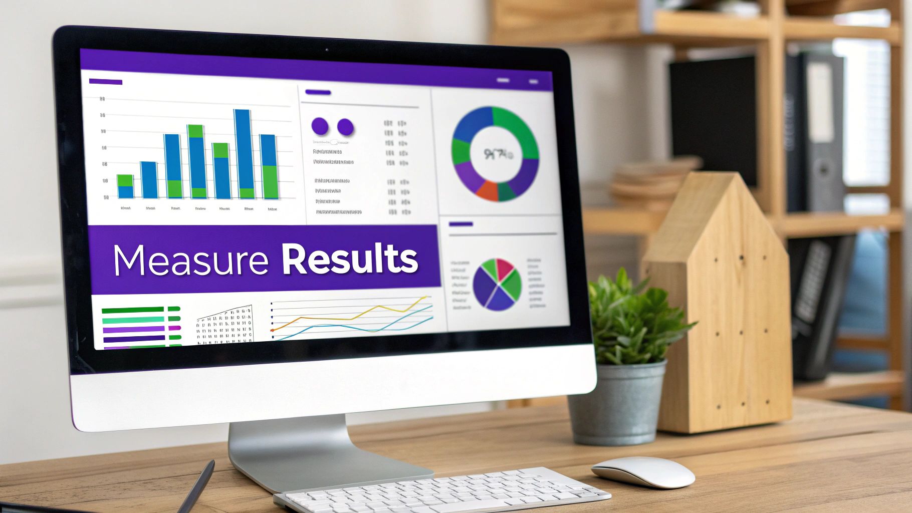 A computer monitor displays business performance data with charts, graphs, and 'Measure Results' text.