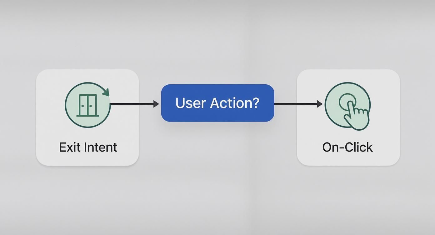 Flowchart illustrating user interaction progression from exit intent through user action to an on-click event.