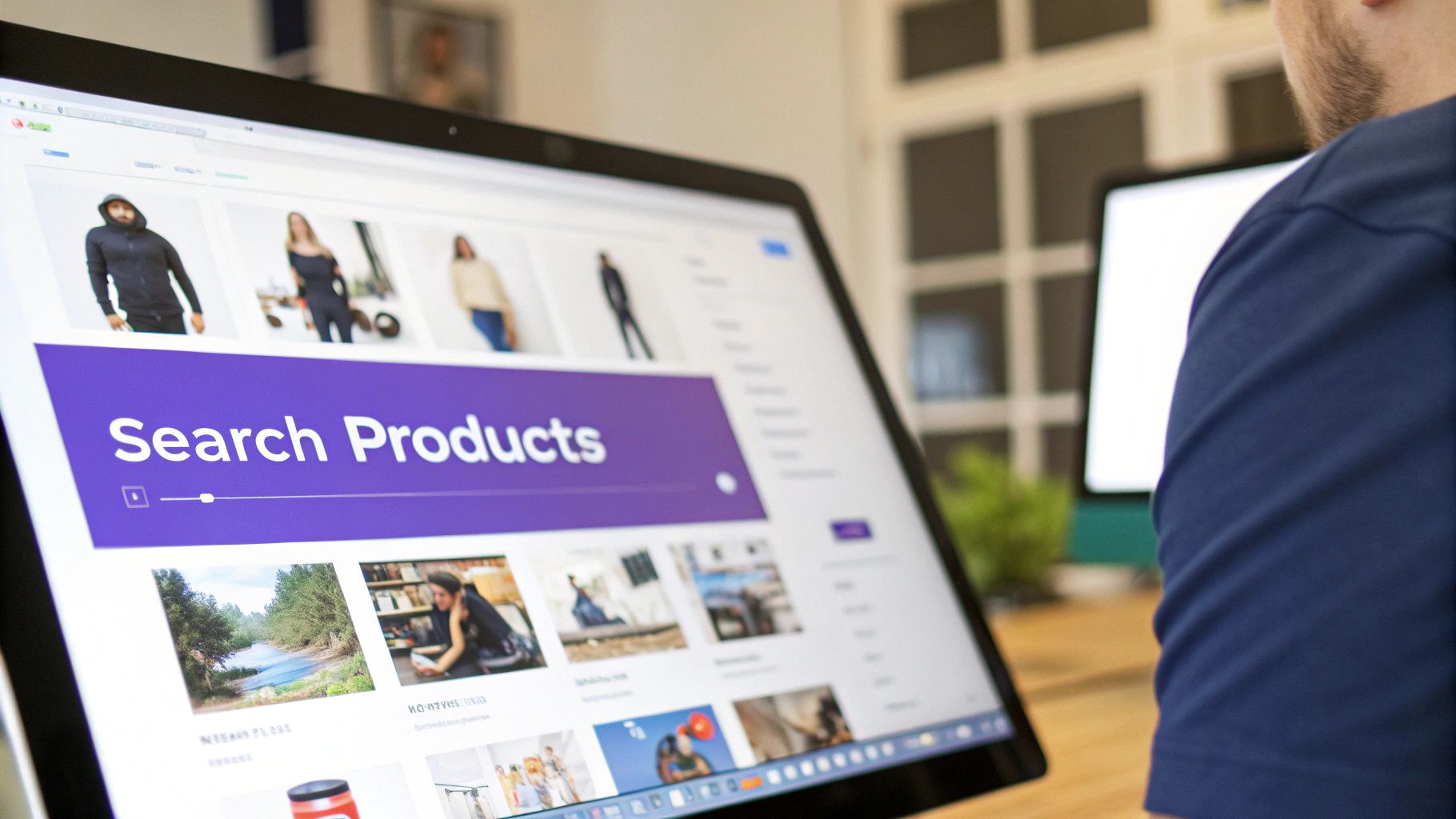 Close-up of a computer screen displaying a website with a prominent 'Search Products' bar and product listings.