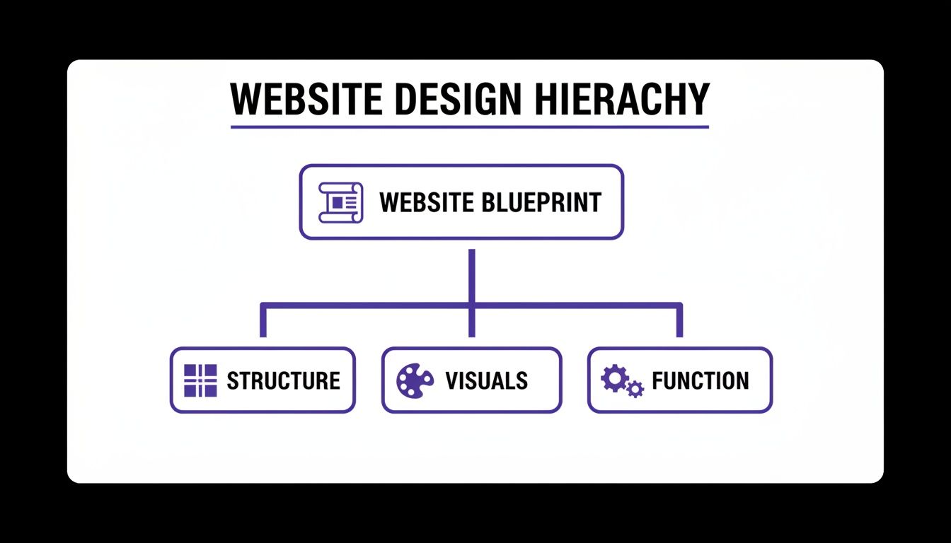 Diagram showing the website design hierarchy: blueprint leading to structure, visuals, and function.