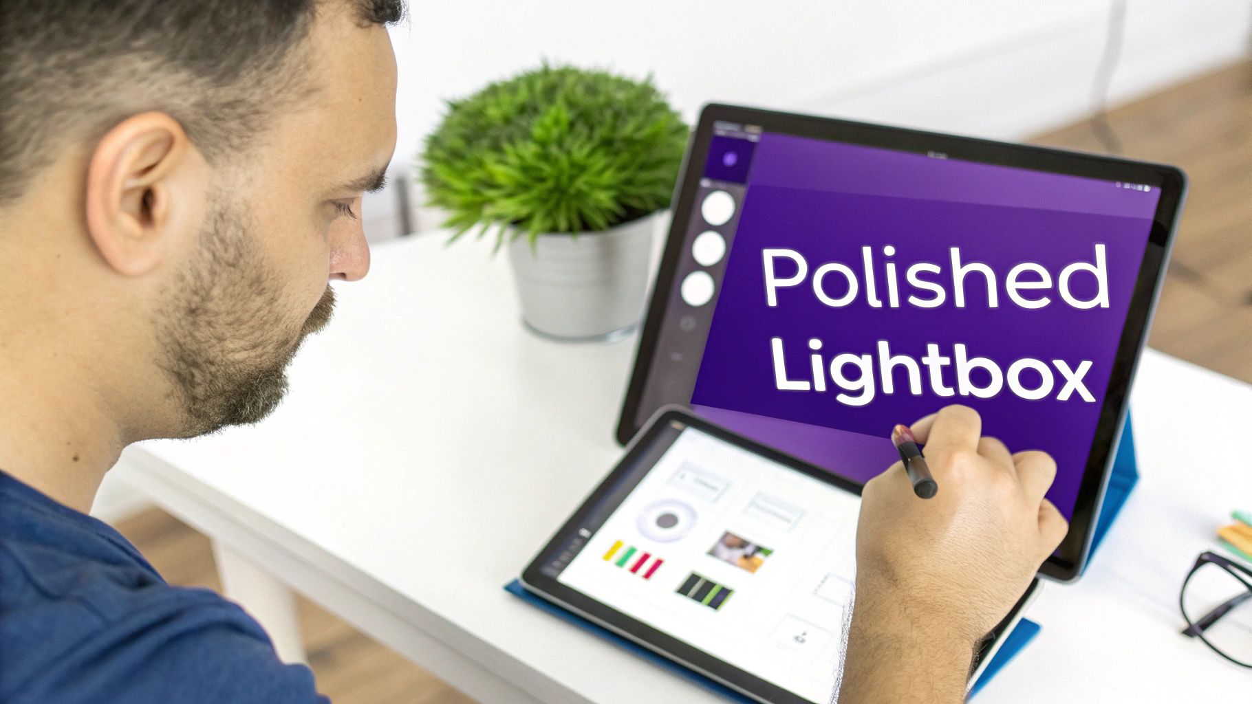 Close-up of a man working with two tablets, one showing 'Polished Lightbox' design software.