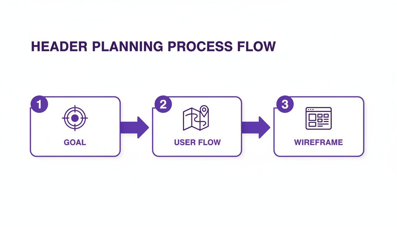 A three-step process flow for header planning, illustrating goal setting, user flow mapping, and wireframing.