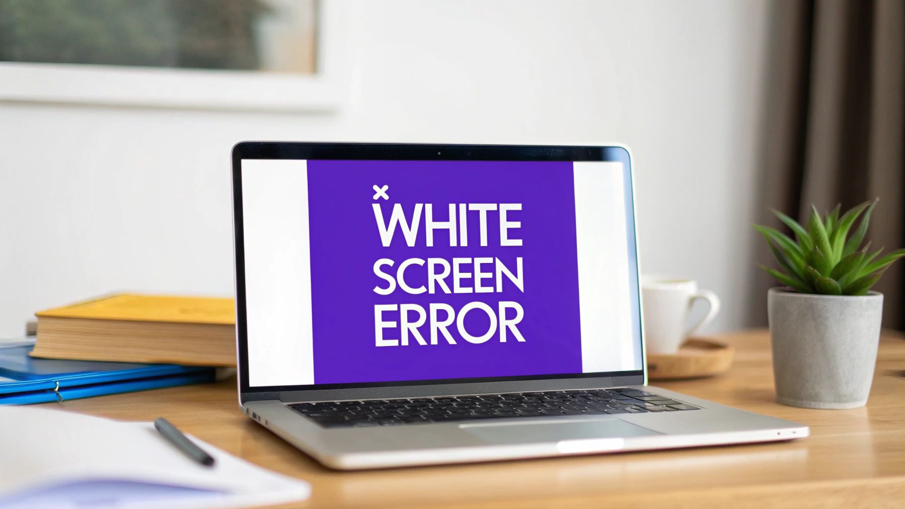 A laptop on a wooden desk displaying a 'WHITE SCREEN ERROR' message on a purple background, surrounded by office items.