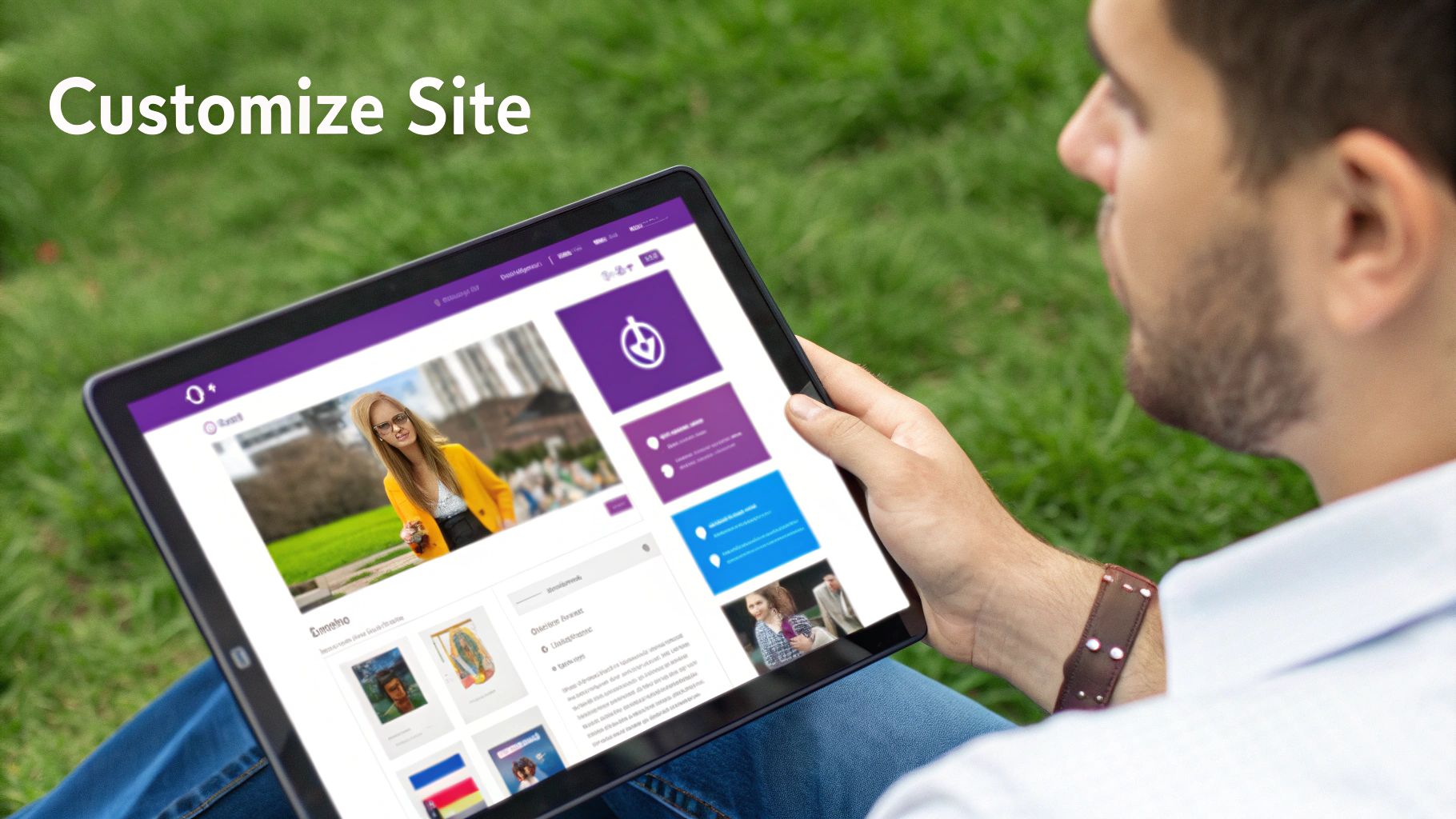 Man sitting on grass, customizing a website template on a tablet, with a vibrant purple theme.