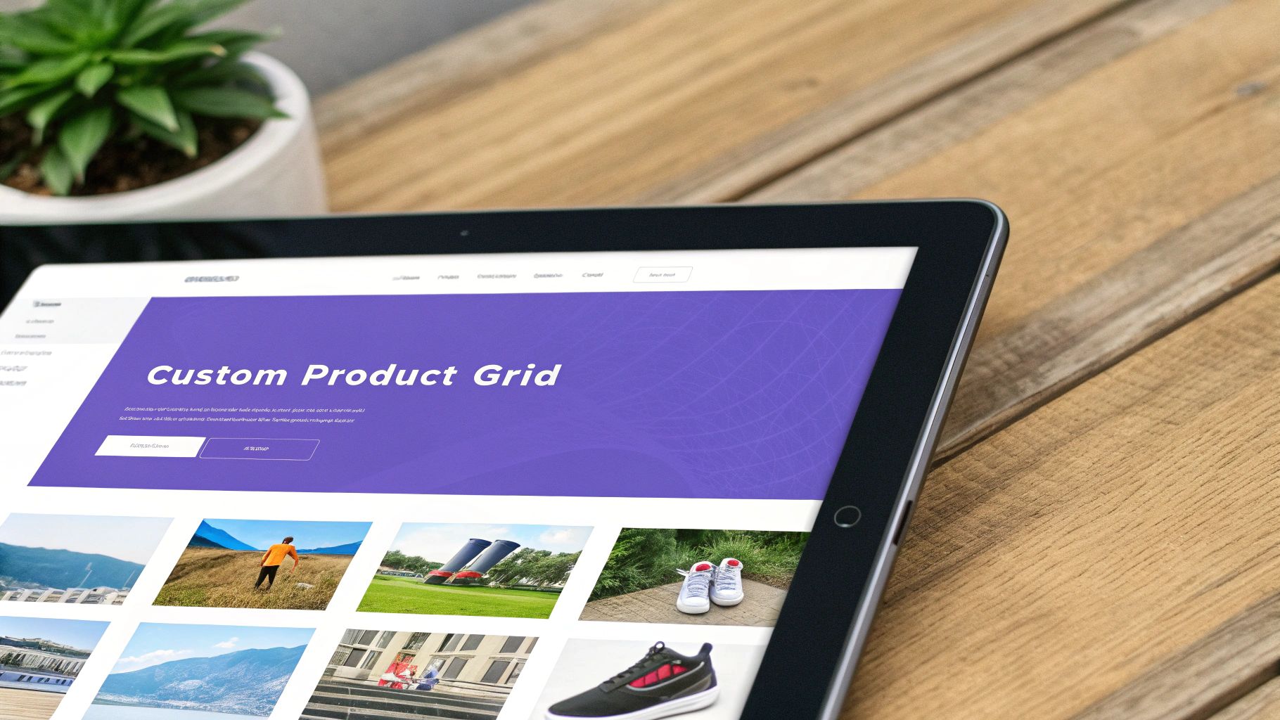 An iPad displaying a 'Custom Product Grid' website with product images on a wooden table.