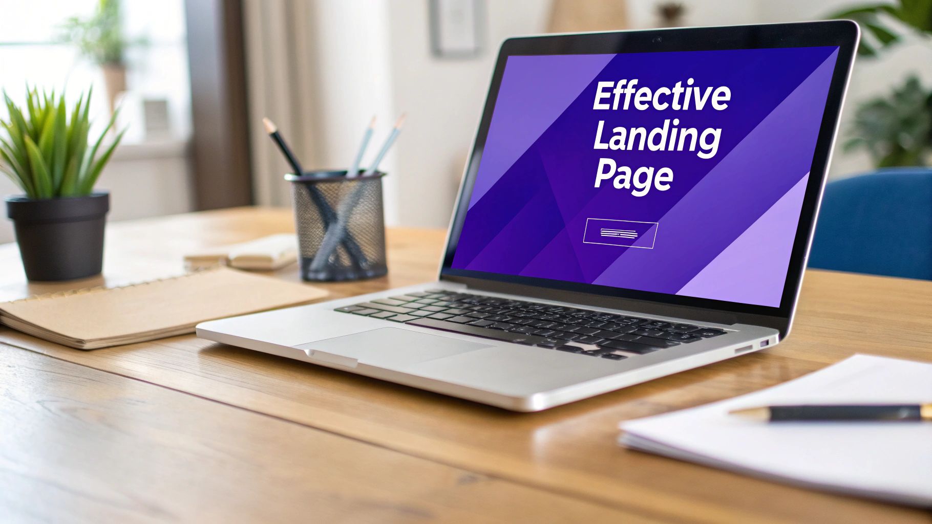 A laptop screen showing a well-designed landing page with a clear call-to-action button, symbolizing high conversion rates.