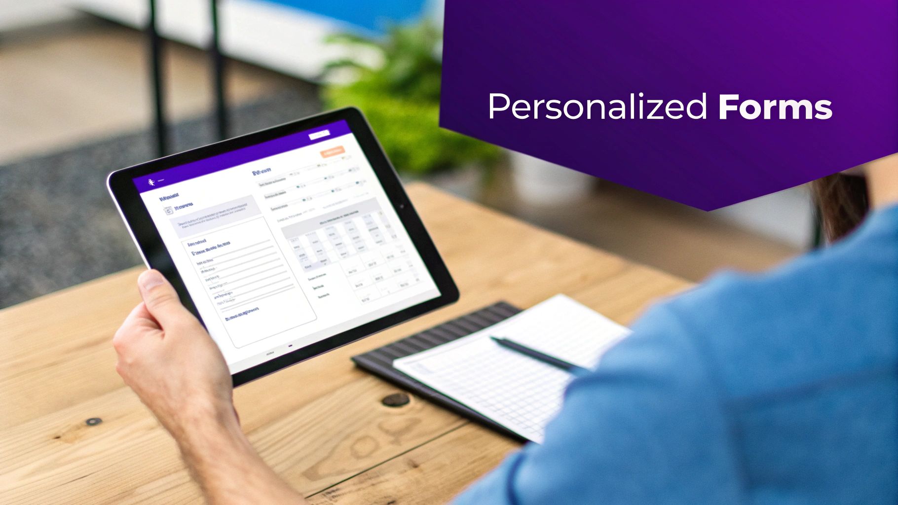 A person holds a tablet displaying digital forms on a wooden desk, with 'Personalized Forms' text visible.