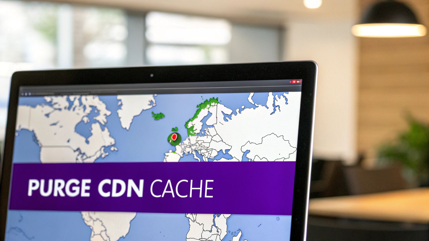 Close-up of a laptop screen showing a world map, a red location pin, and 'PURGE CDN CACHE' text.