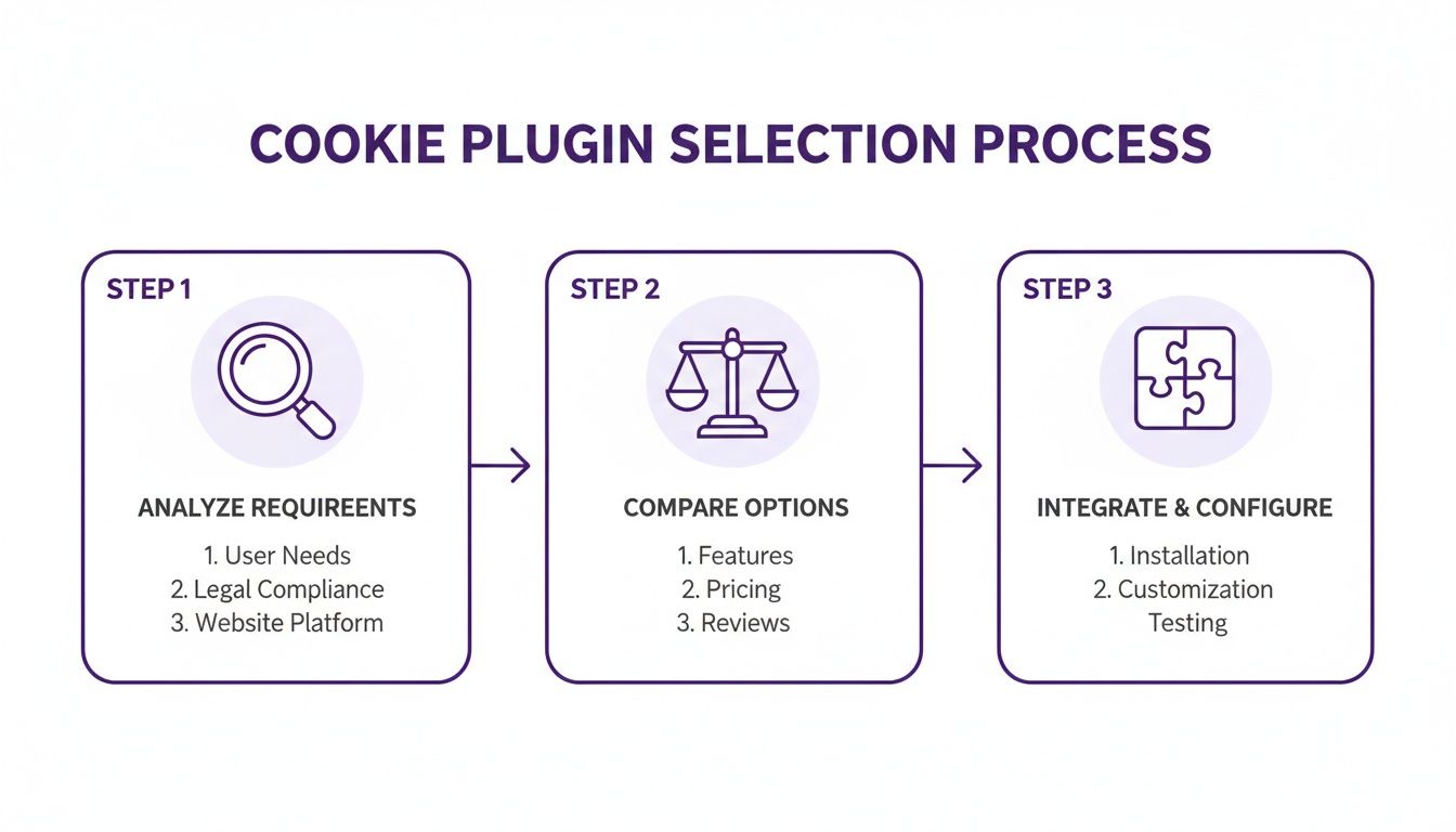 An infographic outlining a 3-step cookie plugin selection process with icons and details.