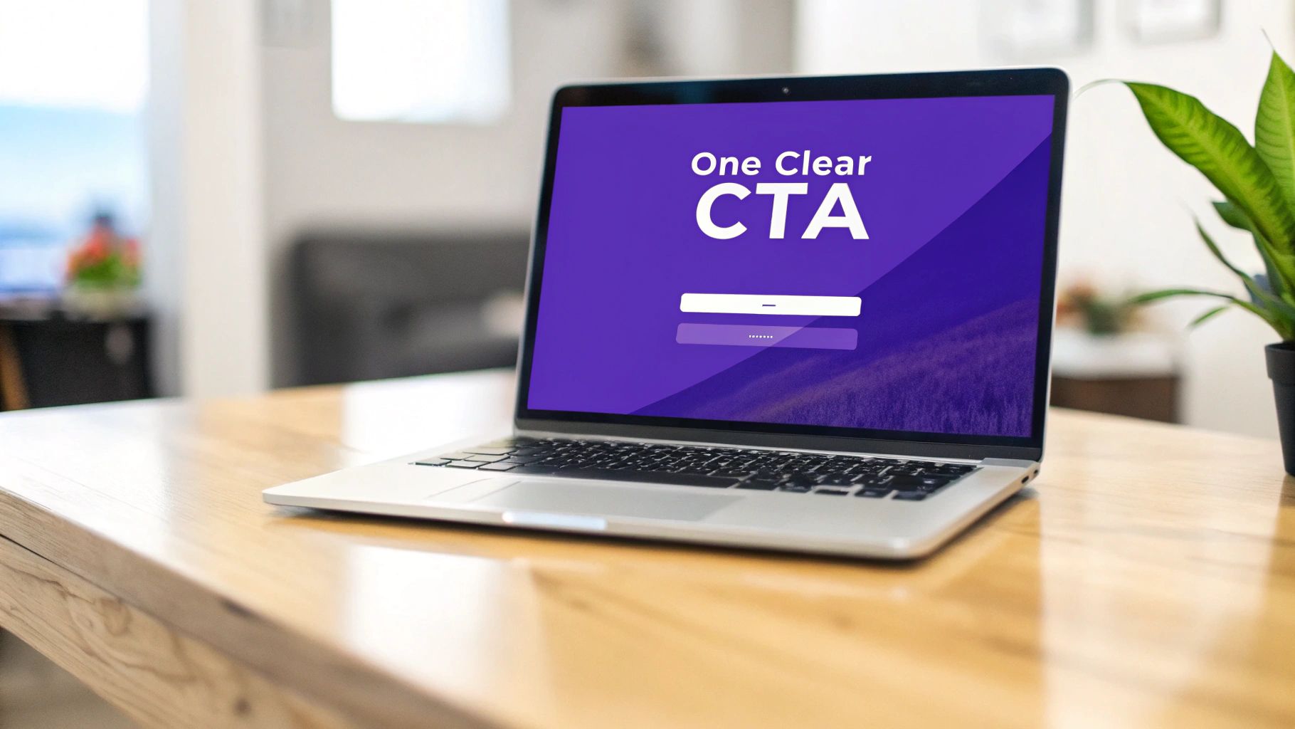 A laptop on a wooden desk with 'One Clear CTA' displayed on its purple screen, next to a green plant.