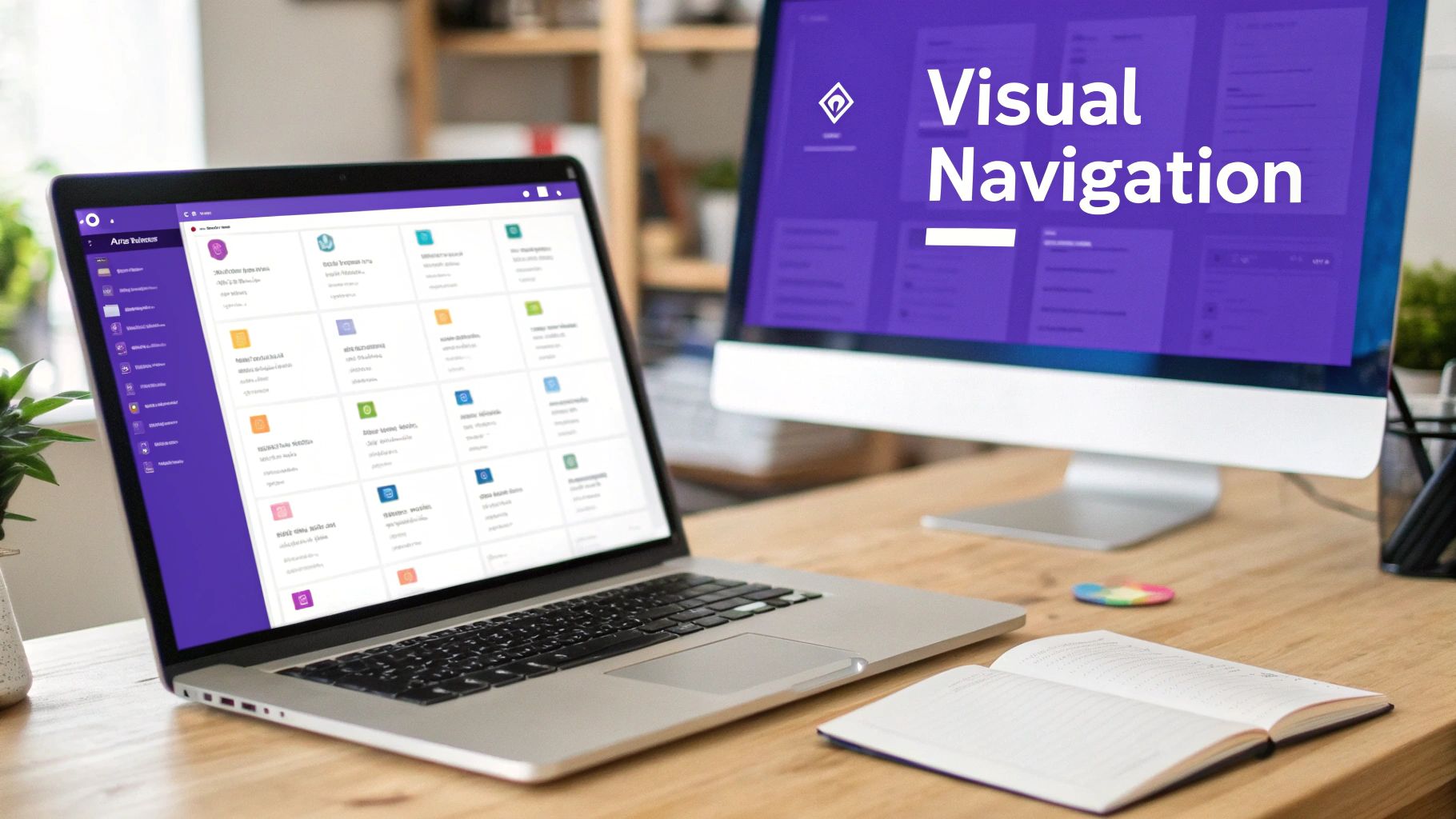 A modern workspace with a laptop showing a UI dashboard and a monitor displaying 'Visual Navigation'.