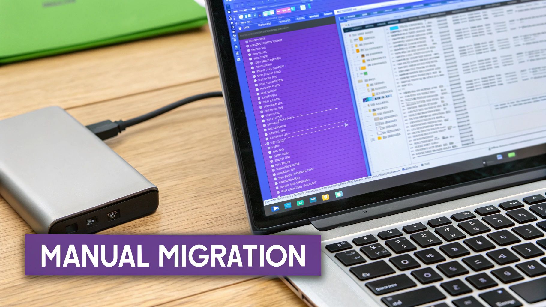 External hard drive connected to a laptop displaying data, with a 'MANUAL MIGRATION' banner.