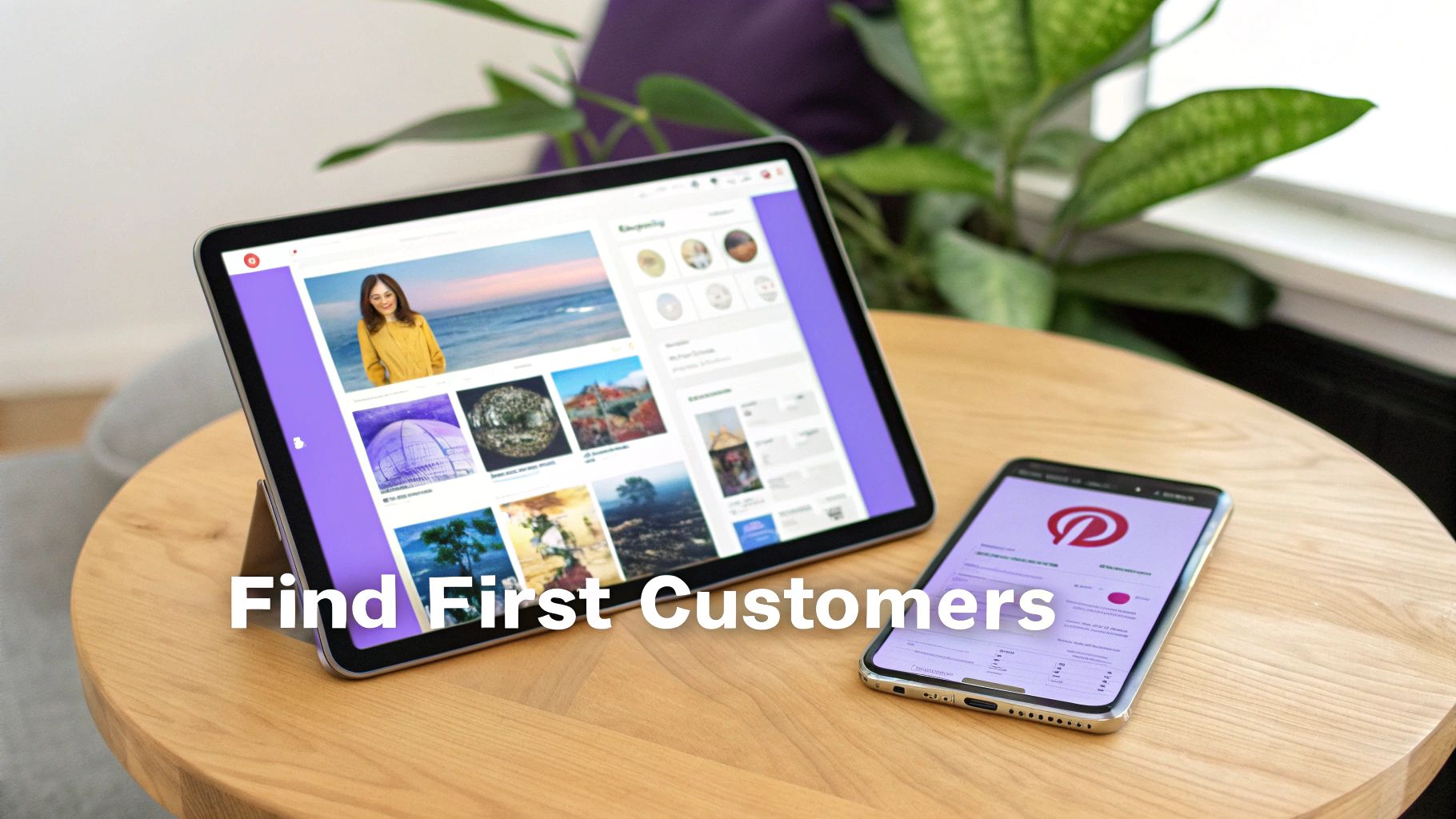 Two digital devices, a tablet and smartphone, display the Pinterest app on a wooden table in a home setting.