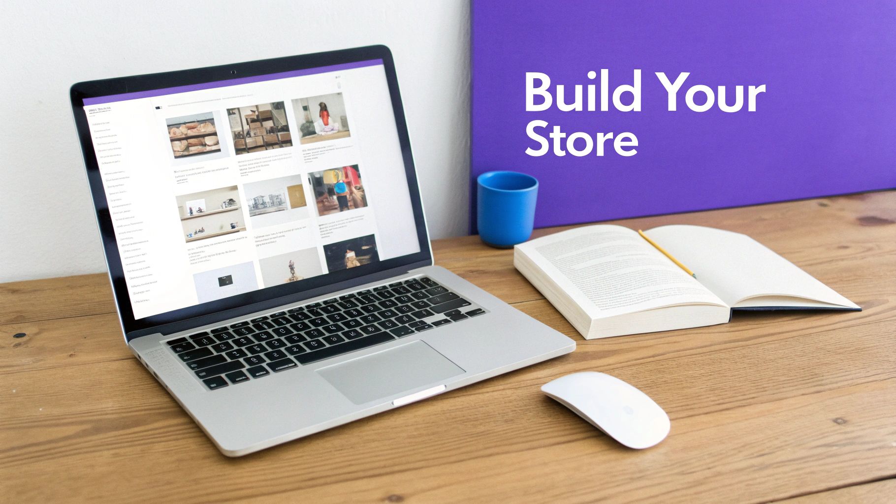 A modern workspace with a laptop displaying an e-commerce site, an open book, and a mouse.