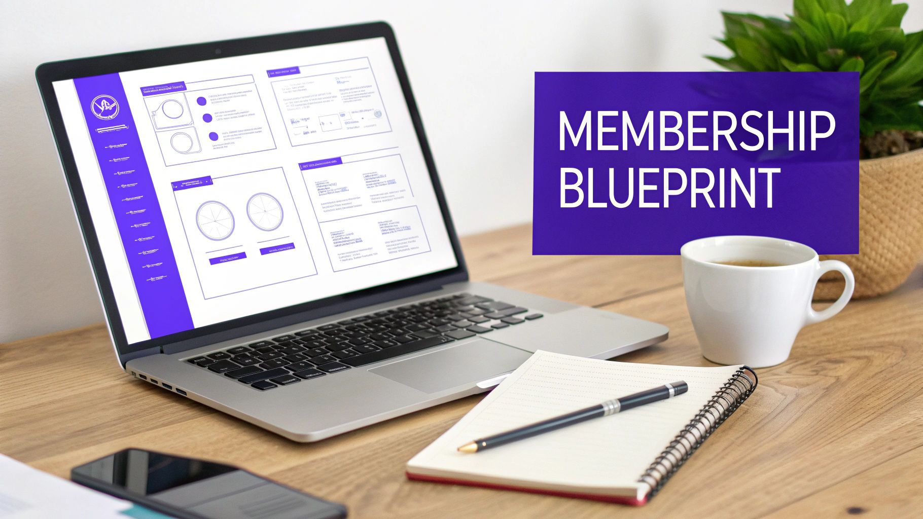 Laptop displaying a membership blueprint design, with a coffee cup, notebook, and phone on a wooden desk.